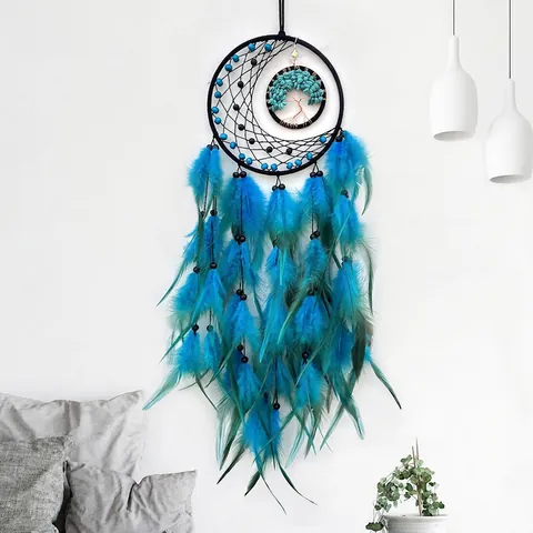 Handmade Dream Catcher Tree Of Life Moon Wall Hanging With Feathers And Natural Crystal Stones Boho Home Decor Bedroom