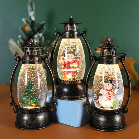 Christmas Snow Globe Lantern Retro Portable LED Night Light Bronze Plastic Luminous Sparkling Glitter Holiday Decor