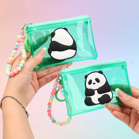 Panda Cartoon Transparent PVC Münzbörse Mini Quadratischer Kartenhalter Tasche Mit Bunter Perlenkette Handgelenkschlaufe Wasserdicht