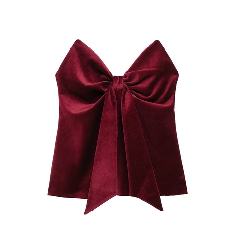 Top De Tubo De Terciopelo Rojo Vino Para Mujer Sin Tirantes Con Lazo Grande Corto Sexy Fiesta Navidad