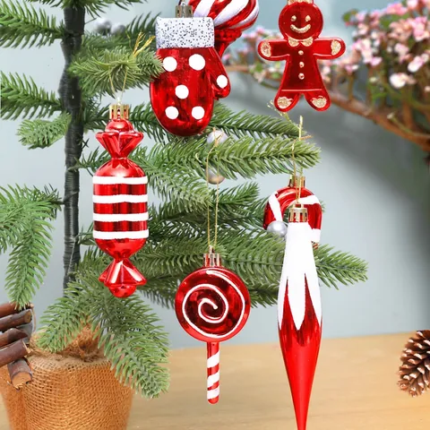 Christmas Tree Ornaments Plastic Electroplated Red White Candy Cane Star House Shaped Hanging Pendants Holiday Party Decor