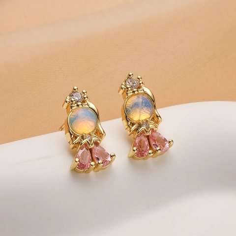 Fairy Tale Princess Goldfish Stud Earrings 18K Gold Plated Copper With Zircon And Synthetic Opal Dainty Sweet Jewelry For Women