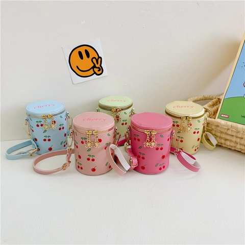 Kids Girls Mini Cylindrical Crossbody Bag Cherry Print PU Leather Shoulder Bag Cute Princess Small Bucket Purse