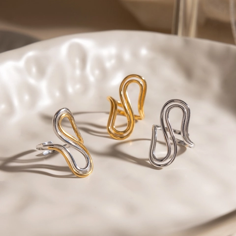 Flowing Wave Open Ring Stainless Steel Adjustable Two Tone Gold Silver Minimalist Modern Jewelry For Women