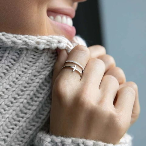 925 Sterling Silver Cross Double Layer Ring With Zirconia Minimalist Stackable Finger Ring For Women Light Luxury Fashion Jewelry