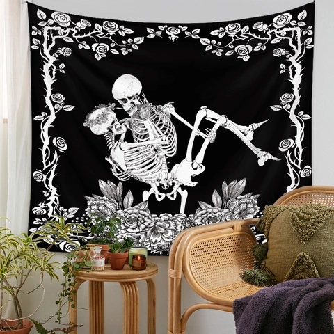 Gothic Skull Lovers Tapestry Polyester Wall Hanging Black And White Rose Floral Border Vintage Bohemian Home Decor