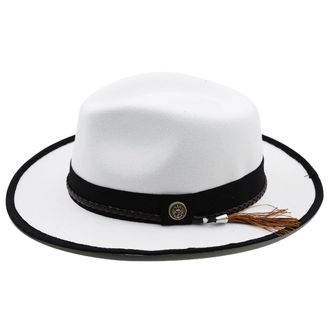 White Woolen Felt Fedora Hat With Tassel Decoration Braided Rope Anchor Badge Wide Brim Retro Jazz Hat Unisex