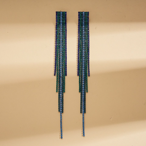 Rhinestone Tassel Drop Earrings Copper Multi Color Gradient Square With Silver Earring Post Luxury Fashion Women