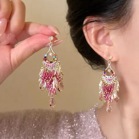 Pendientes Borla Bohemios Vintage Étnico Aleación Concha Cuentas Largos Mujer Poste De Plata De Ley 925