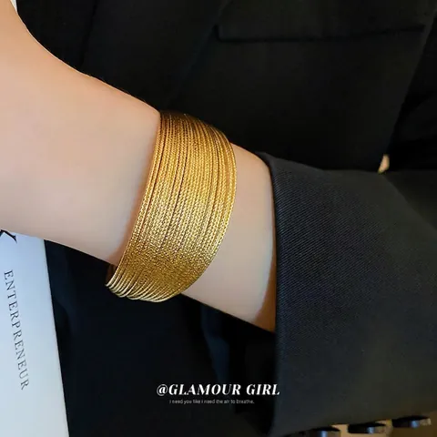 Multi-Layer Cuff Bracelet Copper Plated Open Adjustable Wide Metallic Texture Exaggerated Fashion Jewelry For Women