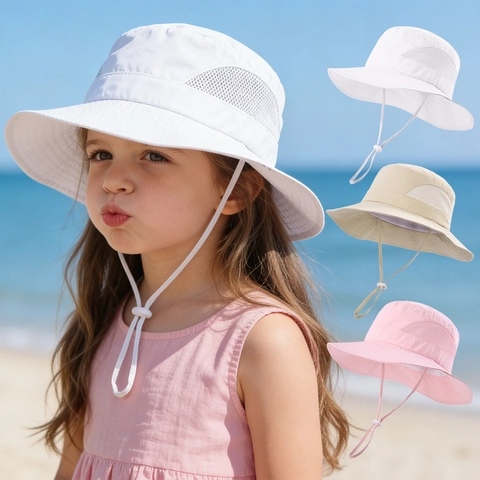 Kids Sun Hat Polyester Mesh Breathable Quick Dry Summer Beach Bucket Hat With Adjustable Windproof Rope For Toddler Child