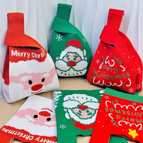 Christmas Knit Handbag Santa Snowflake Reindeer Pattern Polyester Jacquard Knot Tote Bag Festive Gift Pouch