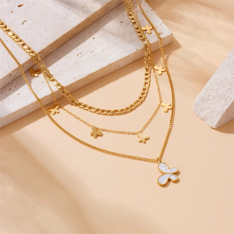 Layered Necklace Gold Plated Stainless Steel Multi-Layer Chain Pendant Heart Butterfly Flower Retro Trendy For Women