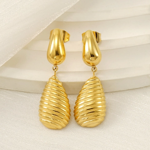 Water Drop Earrings Threaded Spiral Texture 18K Gold Plated Stainless Steel Vintage Elegant Jewelry For Women