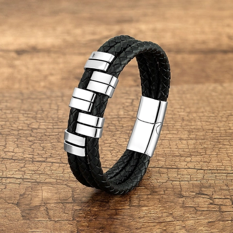 Bracciale Da Uomo In Pelle Intrecciata Con Chiusura Magnetica In Acciaio Inossidabile Bracciale Multistrato Minimalista Gioielli
