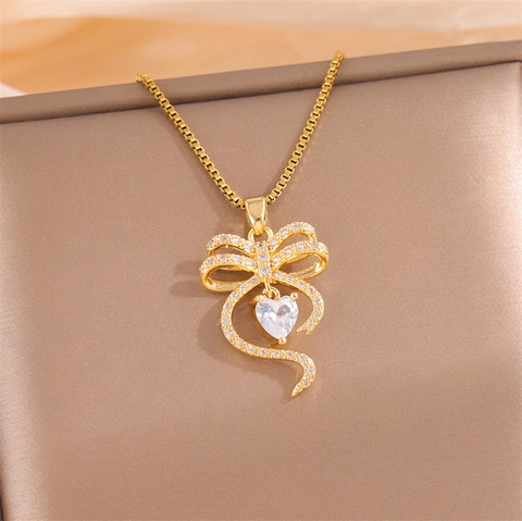 Herz Schleife Anhänger Halskette 18K Vergoldet Edelstahl Zirkonia Schmuck Für Frauen Geschenk