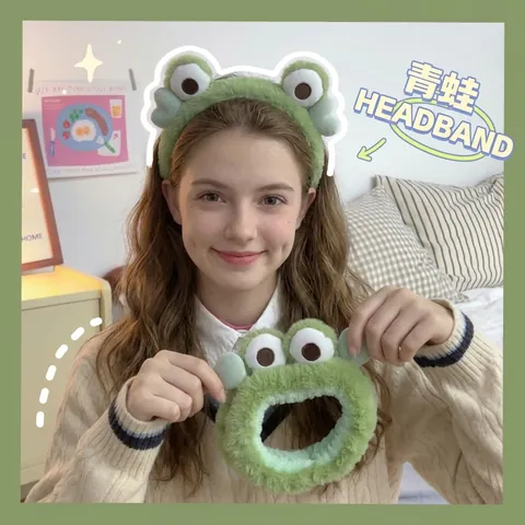 Cute Frog Big Eyes Plush Headband For Washing Face Makeup Soft Elastic Hairband Women Cartoon Animal Hair Hoop Accessory
