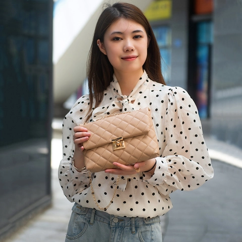 Women Crossbody Bag Fashion PU Leather Rhombic Quilted Pattern Flap Chain Strap Metal Lock Square Shoulder Bag For Lady