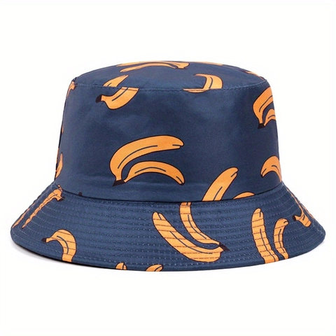 Women Summer Bucket Hat Acrylic Fruit Print Banana Strawberry UV Protection Outdoor Sunshade Hat Fashion Casual