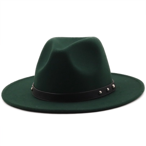 Fedora Hat Wool Felt Wide Brim Studded Leather Belt Retro British Style Jazz Cap For Men Women