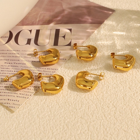 Chunky C Shape Earrings Stainless Steel 18K Gold Plated Geometric Irregular Minimalist Liquid Metal Style For Women