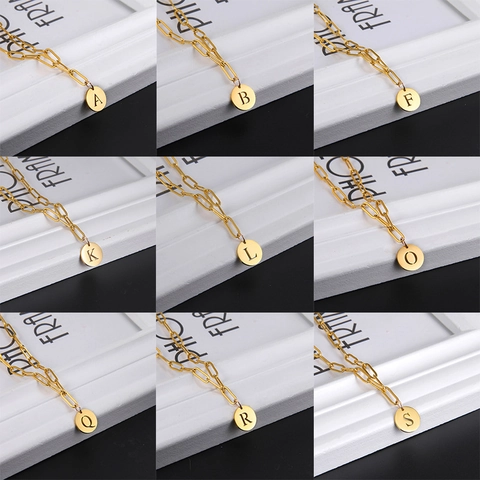 Minimalist Gold Plated Stainless Steel Paperclip Chain Necklace With Round Alphabet Initial Disc Pendant Elegant Accessory Jewelry