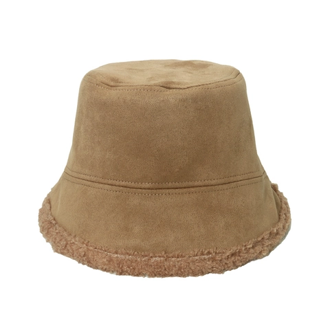 Women Winter Bucket Hat Suede Lambswool Trim Warm Windproof Solid Color Retro Style Casual Foldable Basin Cap Outdoor