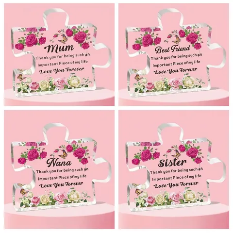 Acrylic Transparent Puzzle Piece Tabletop Ornament Plaque With Floral Pattern And Sentimental Message For Mom Dad Bestie Gift