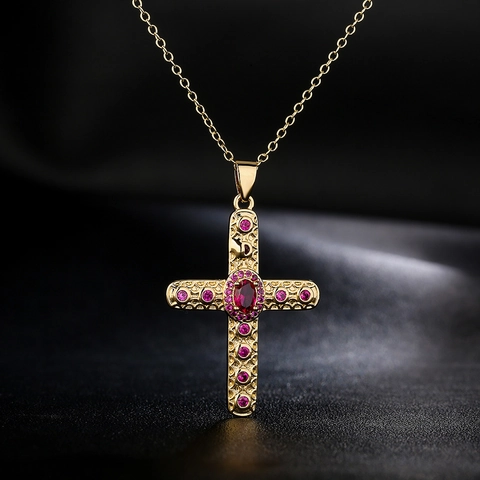 Collier Pendentif Croix Cuivre Plaqué Or 18K Zircon Bijoux Religieux Style Vintage Rétro Cadeau Pour Femmes Hommes