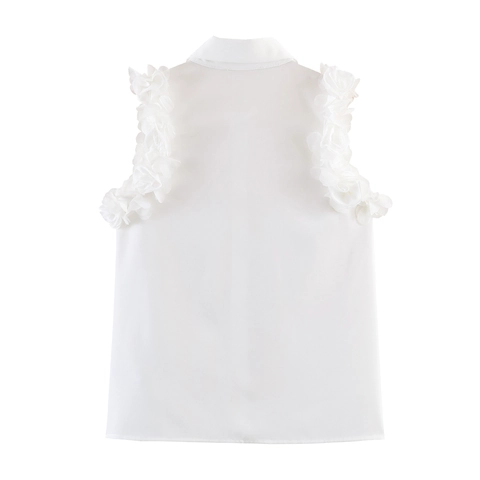Blusa Senza Maniche Da Donna Poliestere Colletto A Revers Bottoni Spalla Con Volant Fiore 3D Dolce Bianco Top