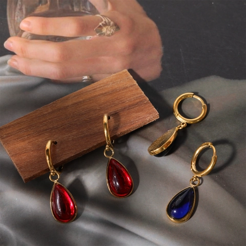 Retro Französische Tropfen Geburtsstein Creolen Edelstahl 18K Vergoldet Minimalistischer Eleganter Schmuck Für Damen
