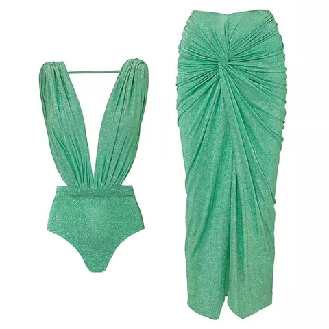 Costume Intero E Gonna Con Nodo Donna Tessuto Luccicante Scollo A V Profondo Incrocio Stile Vacanza Mare