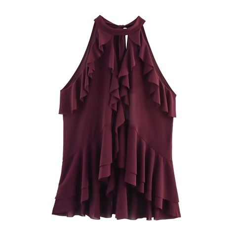 Damen Neckholder Volant Ärmellos Top Sexy Gestuftes Chiffon Bluse Rückenfrei Schleife Party Casual Einfarbig Top