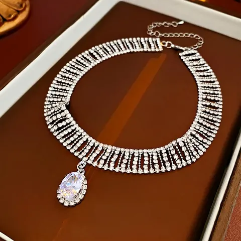 Luxury Multi Row Rhinestone Choker Necklace With Oval Zircon Water Drop Pendant For Women Banquet Party Exquisite Shiny