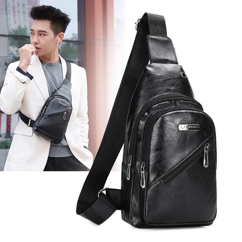 Bolso De Pecho Hombre Cuero PU Grano Impermeable Bandolera Sling Mochila Casual Negocios Con Conector Auriculares
