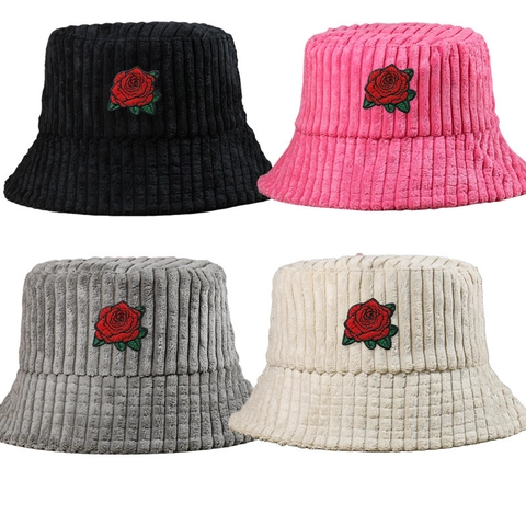 Sombrero De Pescador De Pana De Rayas Anchas Con Bordado De Flores De Rosa Invierno Cálido Vintage Mujer