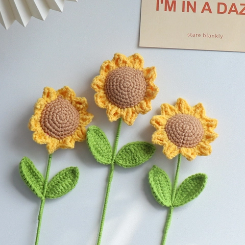 Handmade Crochet Artificial Flowers Yarn Knitted Rose Sunflower Tulip Lily Of The Valley Carnation Daisy For Home Decor Gift