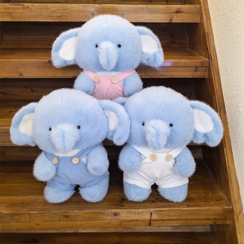 Schattige Olifant Knuffel Zacht Knuffeldier Lang Haar Met Corduroy Overall Houten Knopen Voor Baby Kinderen Blauw