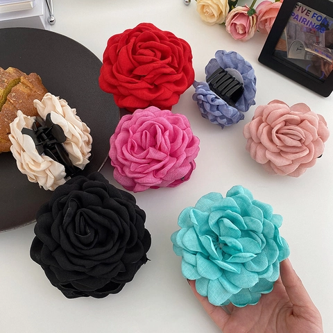 Eleganter Stoff Rose Blume Haarkralle Große Hai Haarnadel Französisch Stil Handgemachte Florale Kopfbedeckung Für Frauen