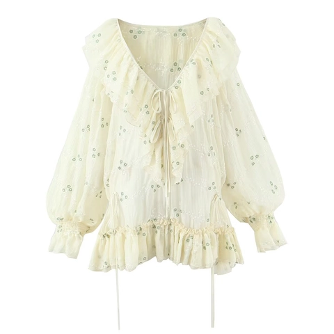 Damen V Ausschnitt Blumen Stickerei Chiffon Mini Kleid Rüschen Langarm Laternärmel Taille Elegant Französischer Stil