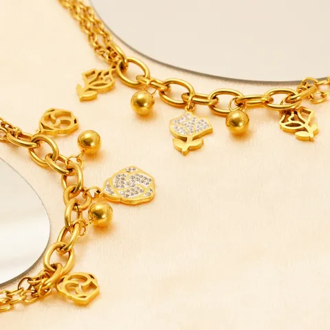 Bracciale Pendente Fiore Placcato Oro 18K Acciaio Inossidabile Strass Rosa Cava Tulipano Gioielli Donna Minimalista