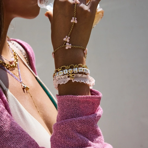 Edelstahl Schmetterling Bogen Armband Ring Rosa Edelstein Anhänger Schmuck Sunshine Buchstaben Perlen Damen Sommer Accessoires