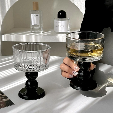 Vintage Geripptes Glas Weinglas Mit Bernstein Schwarz Perlenstiel Für Champagner Cocktail Dessert