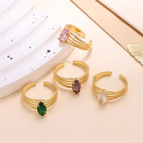 Marquise Zirconia Stainless Steel Ring Women Vintage Gold Plated Multi Layer Beaded Open Adjustable Jewelry Finger