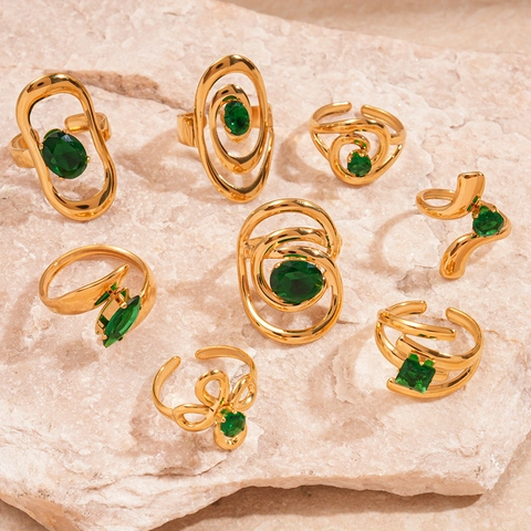 Geometrische Werveling Open Verstelbare Ring Roestvrij Staal Groene Zirkonia Retro Minimalistische Sieraden Voor Dames