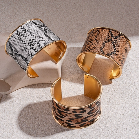 Brazalete Ancho Vintage Leopardo Serpiente Estampado Animal Aleación Cuero PU Pulsera Abierta Joyería Mujer