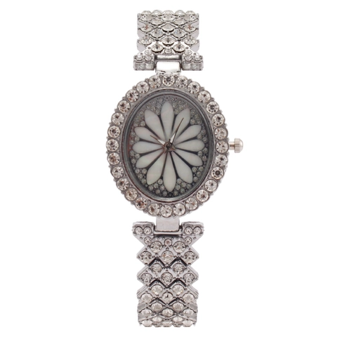 Elegante Orologio Al Quarzo Da Donna Con Strass Incastonati E Quadrante Floreale A Margherita Cinturino In Metallo