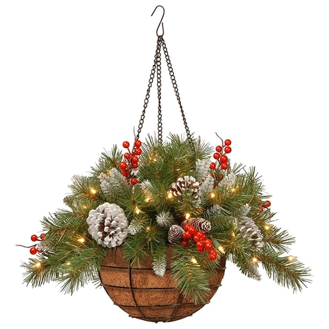 Cesto Appeso Di Natale Artificiale Con Luci LED Aghi Di Pino Bacche Rosse E Pigne Per Decorazione Di Veranda E Casa
