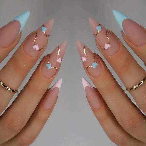 Matte Heart Handmade Press On Nails Almond Shape French Tip Pink Blue Stiletto Artificial False Nails Sweet Style For Women