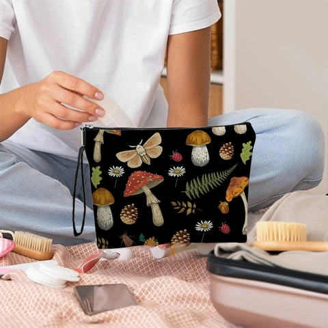Borsa Trucco Fiori Funghi Lino Cerniera Pochette Da Toilette Con Cinturino Da Polso Organizzatore Foresta Vintage Per Donne